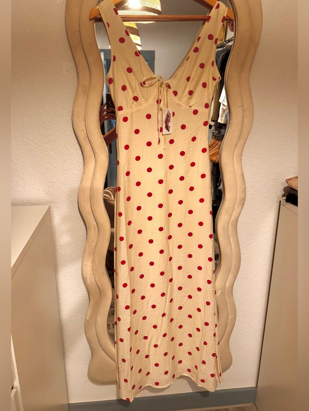 NWT Jessica Simpson Polka Dot Tie-Front Maxi Dress in Cream & Red